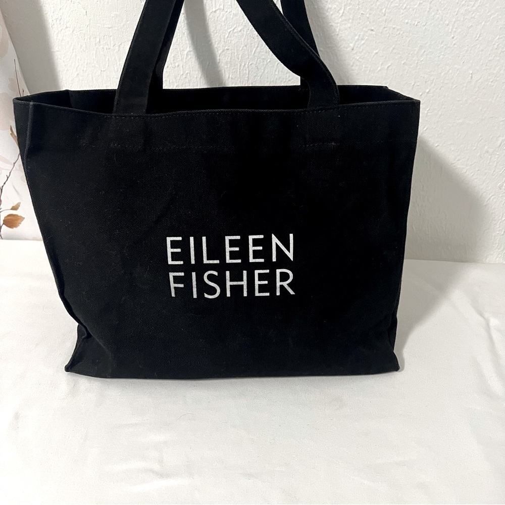 Eileen Fisher Heavy Cotton Canvas Tote Bag Black White Logo Inside Pocket EUC